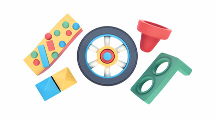 Set of 3 colorful classic toddler cutout or child's toys of car wheels, xylophone and geometric cubes isolated on white.