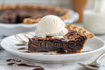 A Slice of Chocolate Brownie Pie Topped With Ice Cream and Drizzled With Chocolate Sauce