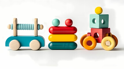 Obraz premium Set of 3 colorful classic toddler cutout or child's toys of car wheels, xylophone and geometric cubes isolated on white.