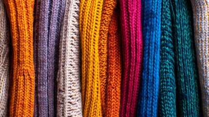 Obraz premium Multicolored knitted clothes background. Handmade or factory-made clothes. Cozy knitted things