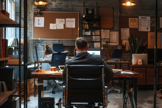 Man in a wheelchair working diligently at his desk in a modern office environment