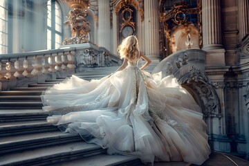 A bride in a wedding dress running up stone ornate stairs. Wedding venue with gold decor.