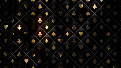 Luxury gold casino royal background. Black abstract text banner. Vip backdrop with golden poker card suits. Copy space for grand casino logo or title text. Online bet and money win concept