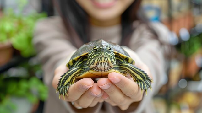 Close-up of a girl holding a small turtle with both hands