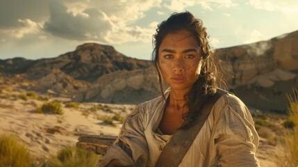 Naklejka premium Woman with long hair in a desert landscape with mountains in the background