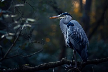This AI-generated painting depicts a Grey Heron perched calmly on a tree branch