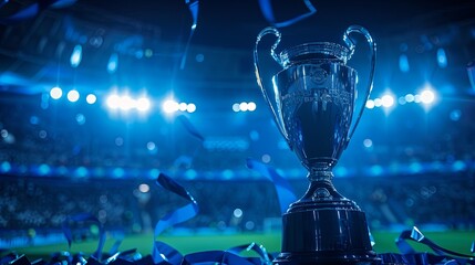close up to a blue trophy in the middle of a soccer stadium, stage lights, soft blue light