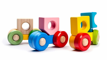 Fototapeta premium Set of 3 colorful classic toddler cutout or child's toys of car wheels, xylophone and geometric cubes isolated on white.