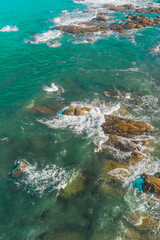 drone view of a rocky coastline