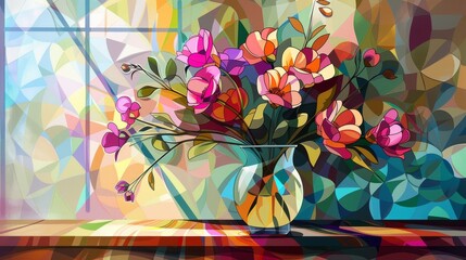 A colorful vase with flowers in it sits on a table