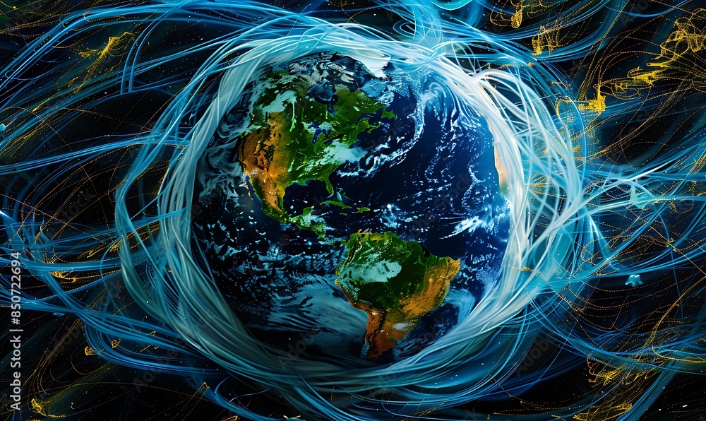 Poster a digital matrix of data streams swirling around the earth, illustrating the omnipresence of technol