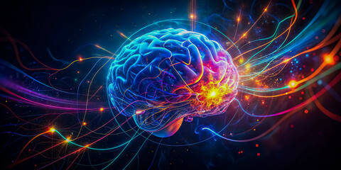 Vibrant Illustration with Glowing Neural Connections and Dynamic Waves on a Dark Background Illuminating Complexity of Human Brain, Exploring Intricacies of Science and Art with Bright Colors