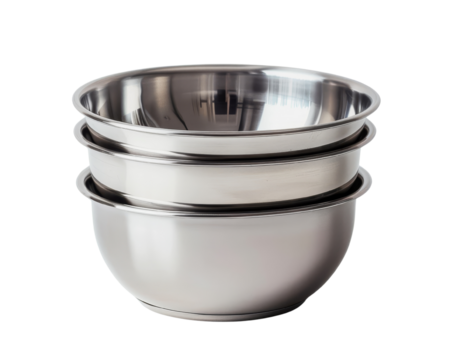Stack of three stainless steel mixing bowls, ideal for kitchen use. Durable and easy to clean, perfect for baking and cooking tasks.