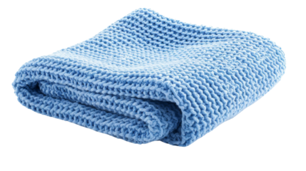 A neatly folded blue knitted blanket with a textured pattern, perfect for adding warmth and style to any living space or bedroom.