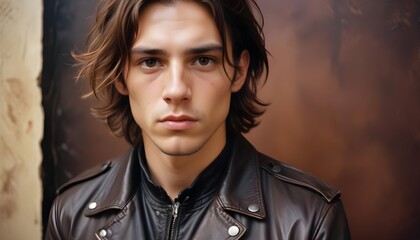 Obraz premium Young brown haired man model on a dark background with copy space background header banner design poster