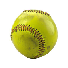 Close-up of a worn softball with visible stitches on a white background, ideal for sports and athletic imagery.
