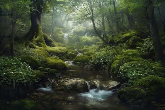 Creating a soothing image of a babbling spring brook using Artificial Intelligence (Stock)