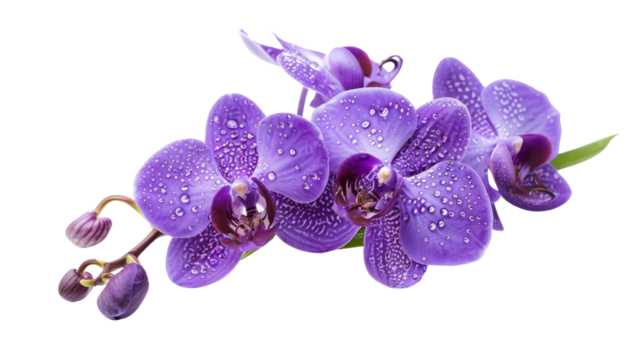 Close-up of beautiful purple orchid flowers with dew drops. Perfect for nature, floral, and botanical themes. Ideal for digital and print use.
