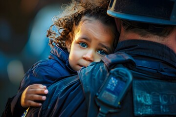 Little child hugging police officer