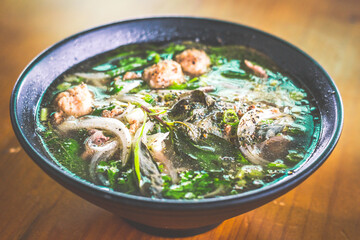 Beef Noodle Soup with sliced beef, beef meatballs,beef brisket, bean sprouts and vegetables