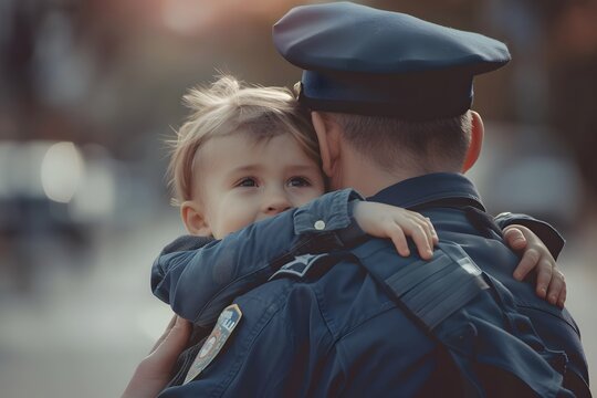 Little child hugging police officer