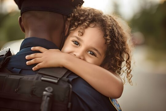 Little child hugging police officer