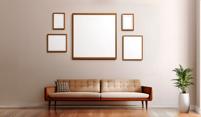 Spacious mid century modern living room interior with open concept, empty frames, leather sofa and wood flooring.