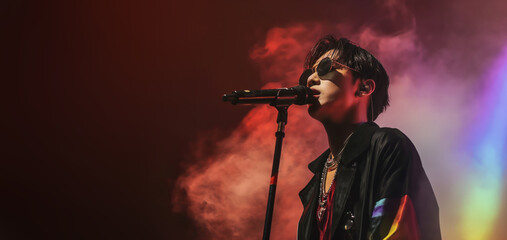 Close up portrait of a korean k-pop singer singing to a microphone and wearing sunglasses, stage smoke background with copy space