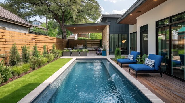 Small Pool with Wood Deck and Artificial Grass in Backyard Patio Area with Blue Chairs, Wooden Fence, and Modern Style Home, Captured from Side Angle in Texas Landscape Design