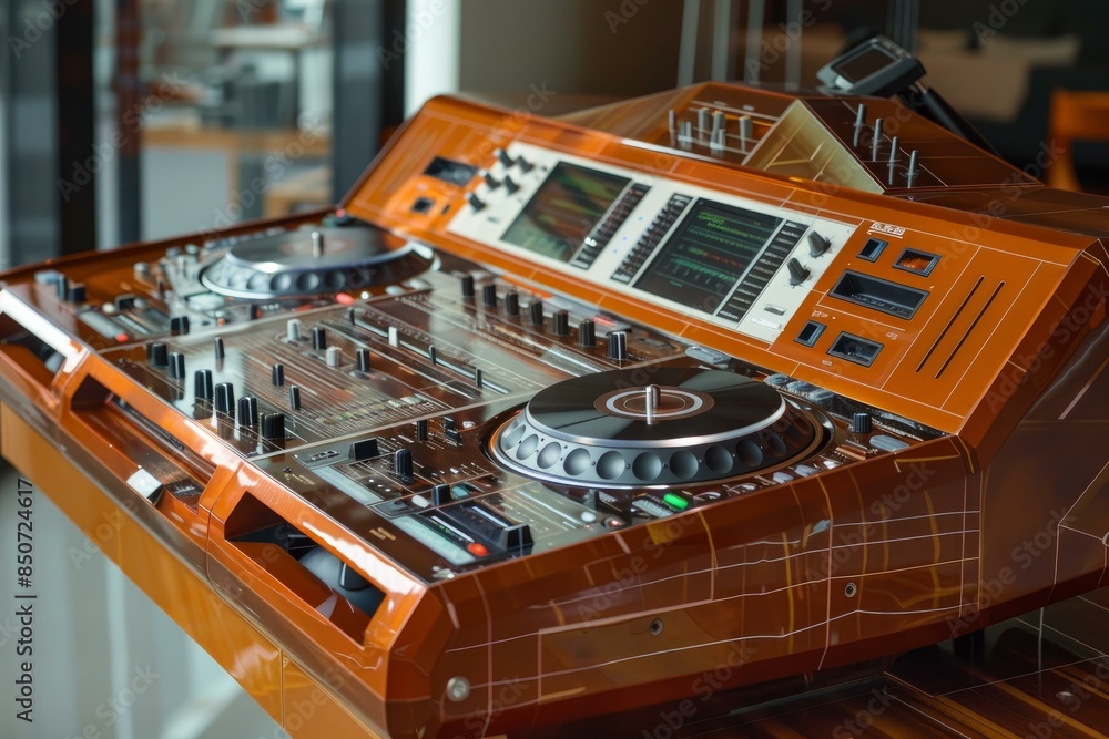 Poster highquality image of an advanced dj mixing console with detailed control knobs and sliders