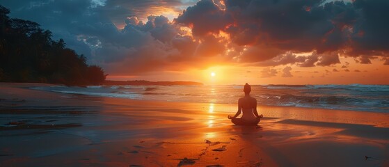 Fototapeta premium Person meditating on a beach during a beautiful sunset, with calm waves and serene landscape creating a peaceful atmosphere