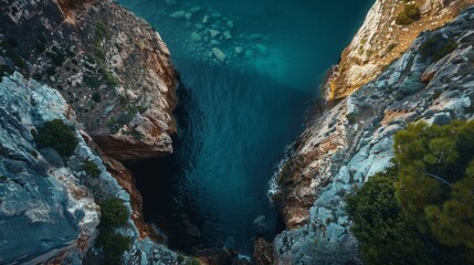 Aerial View of a Narrow Inlet Between Two Rocky Cliffs