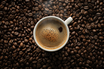 Naklejka premium A steaming cup of coffee surrounded by scattered beans, with smoke rising from the top and creating an atmosphere of warmth and freshness