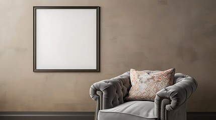 Single square frame on a dark beige wall in a living room with a light gray velvet armchair and a...