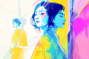 A vibrant and abstract digital portrait of a woman, featuring bold and colorful illustrations.