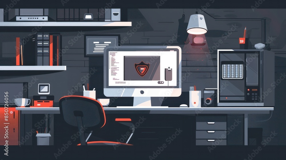 Aufkleber a flat cartoon of a desktop pc shielded by a protection icon symbolizes computer security firewall t
