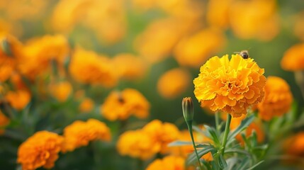 A sprawling field of lively yellow marigolds buzzing with the sound of content bees.