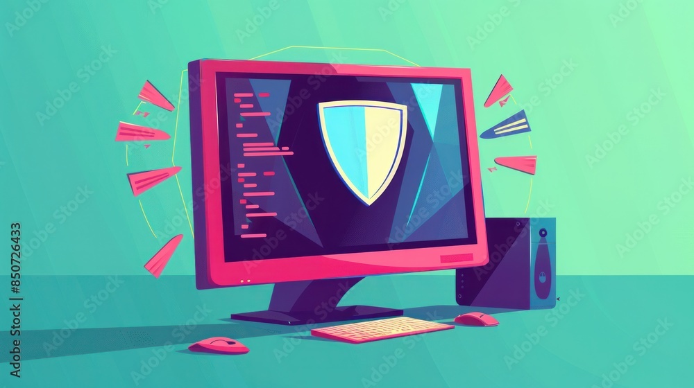 Aufkleber a flat cartoon of a desktop pc shielded by a protection icon symbolizes computer security firewall t