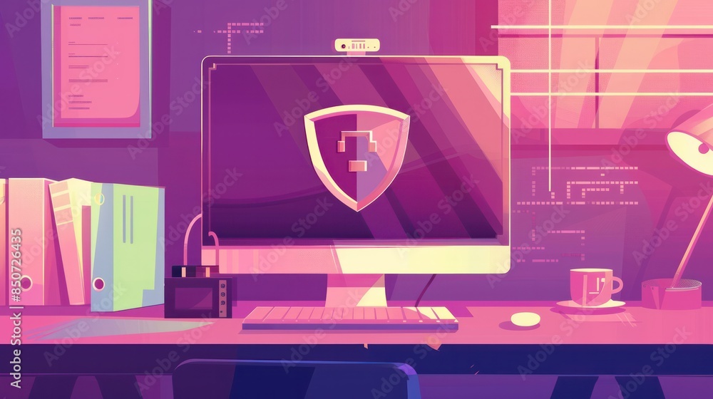 Aufkleber a flat cartoon of a desktop pc shielded by a protection icon symbolizes computer security firewall t
