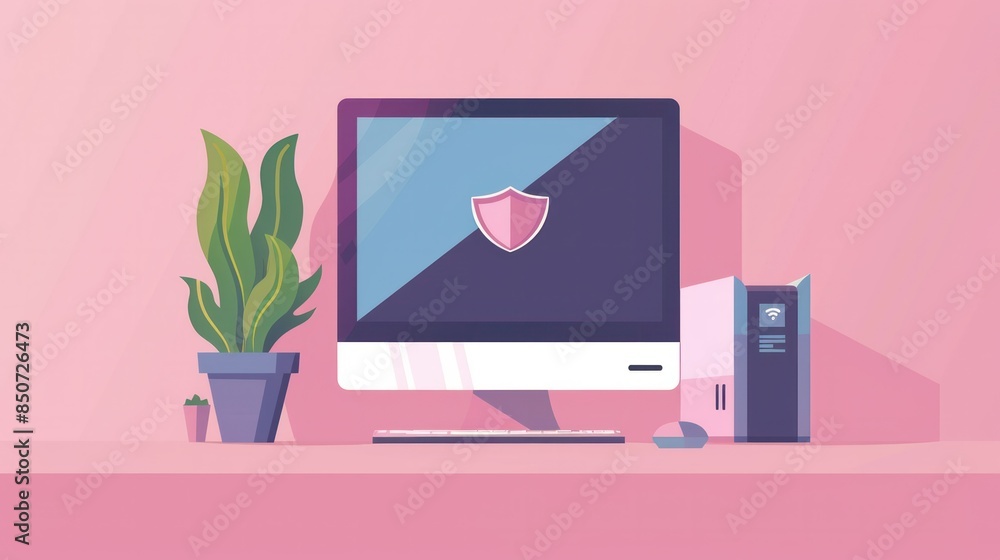 Aufkleber a flat cartoon of a desktop pc shielded by a protection icon symbolizes computer security firewall t