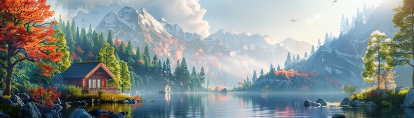 Serene mountain lake with a wooden cabin, surrounded by lush forests, colorful trees, and snowy peaks under a clear sky.
