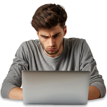 A scowling young man hunches over his laptop, his brows furrowed in frustration as he furiously types, struggling to keep up with his agitated commands. Transparent png, add your own background.