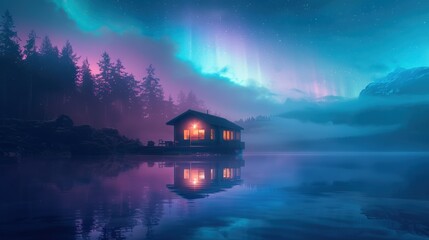 Fototapeta premium Serene lakeside cabin under a mesmerizing aurora borealis in a tranquil forest setting, reflecting vibrant colors in calm waters.