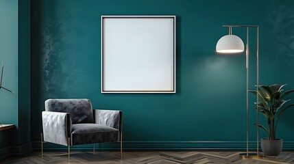 Single square frame on a dark teal wall in a living room with a gray velvet armchair and a modern...