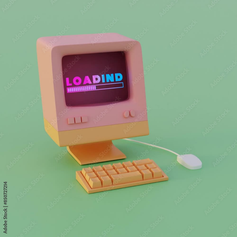 Poster Retro Computer Loading Animation: Vibrant Neon Typography and Dynamic Progress Indicators