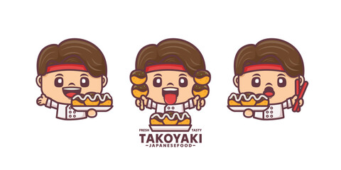 chef cartoon mascot with japanese food takoyaki