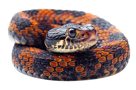 Close up of black and orange snake isolated on white background, transparent background
