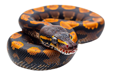 Close up of black and orange snake isolated on white background, transparent background