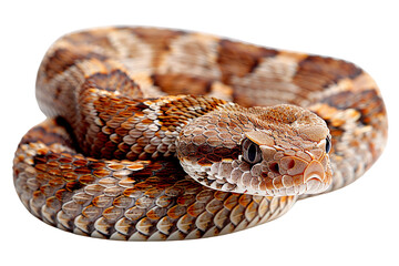 Close up of brown and beige color snake isolated on white background, transparent background