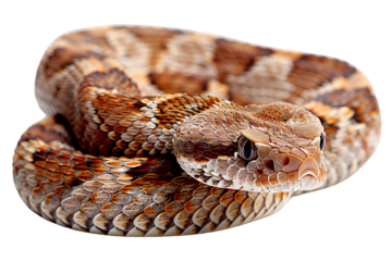 Close up of brown and beige color snake isolated on white background, transparent background